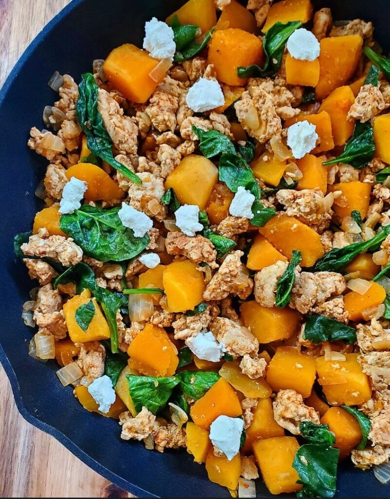 Spiced Turkey and Butternut Squash Skillet with Goat CHeese 