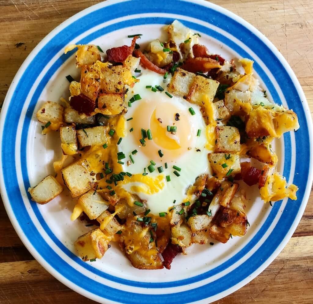 Skillet Fried Potato Hash with Bacon and Eggs