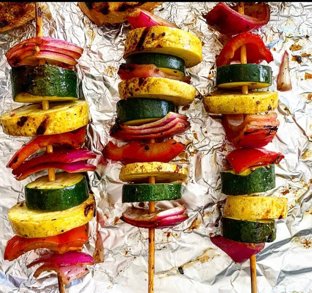 Grilled Veggie Skewers with Magic Green Sauce