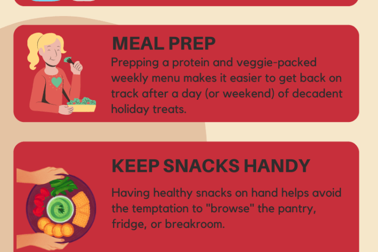 cream colored background with 5 red boxes. Each box continues 1 tip for eating well and feeling better during the holidays